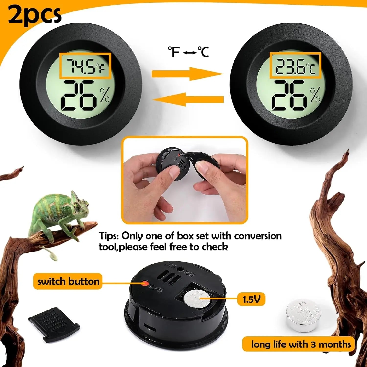 2 Pack Reptile Thermometer Hygrometer Digital Tank Gauge Accurate