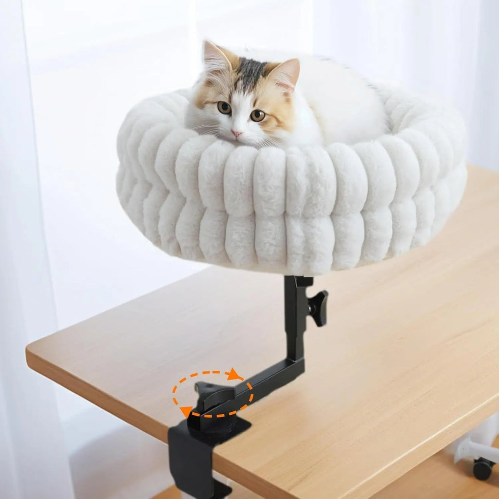 360° Cat Desk Bed – Rotating Adjustable Pet Nest with Soft Mat