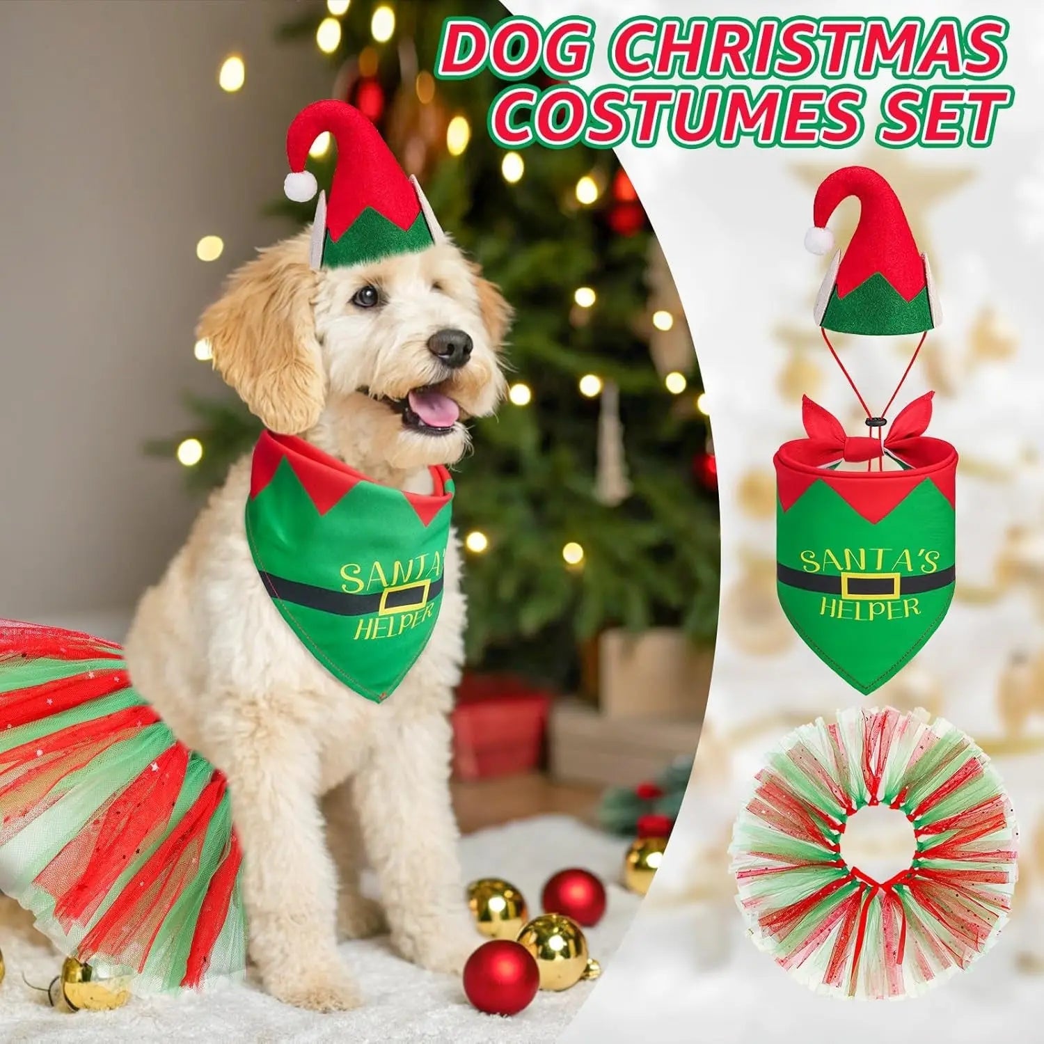 Birthday & Holiday Dog Costume Set with Tutu, Bandana & Hat, Holiday Outfit S–M