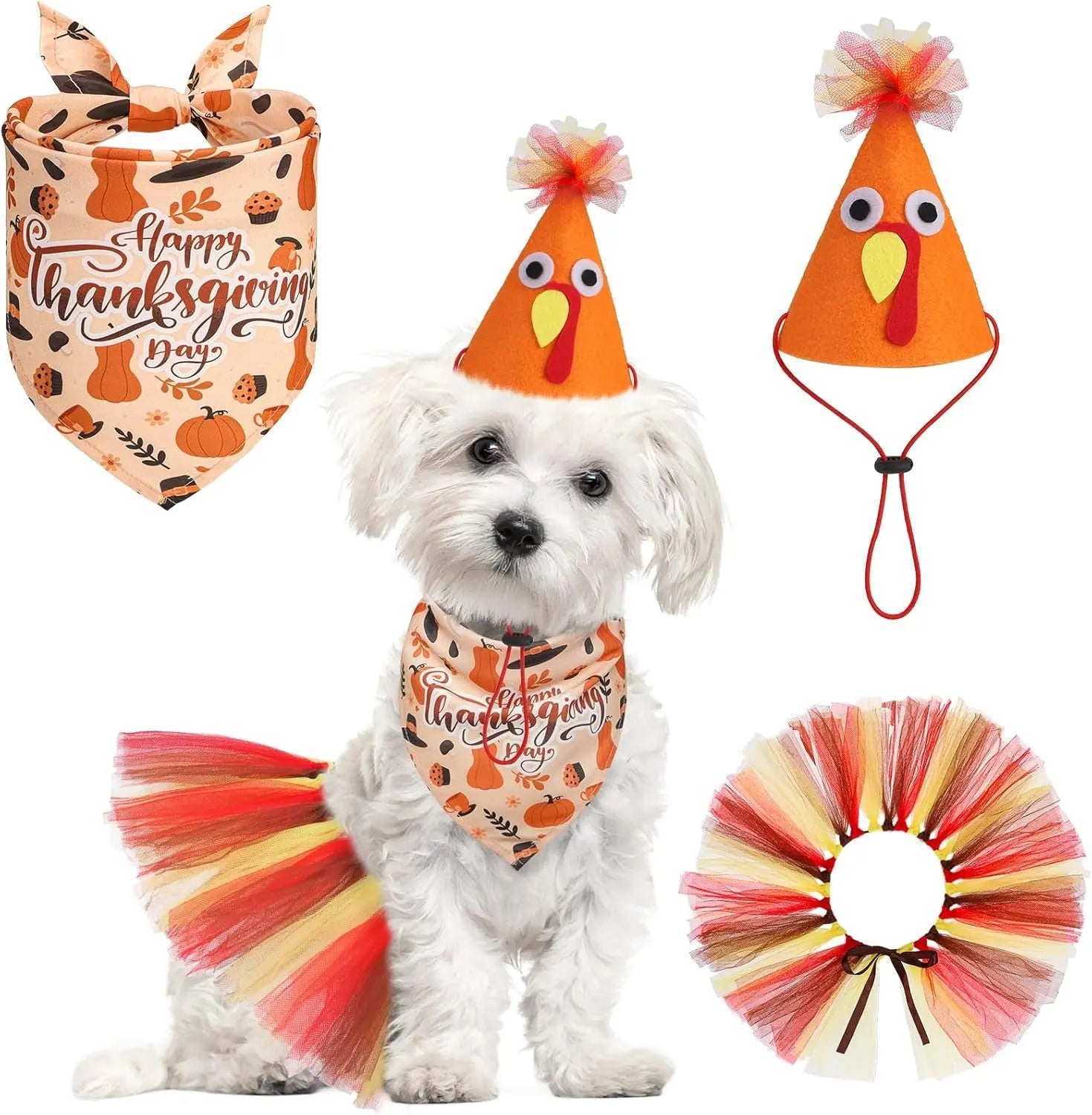 Birthday & Holiday Dog Costume Set with Tutu, Bandana & Hat, Holiday Outfit S–M