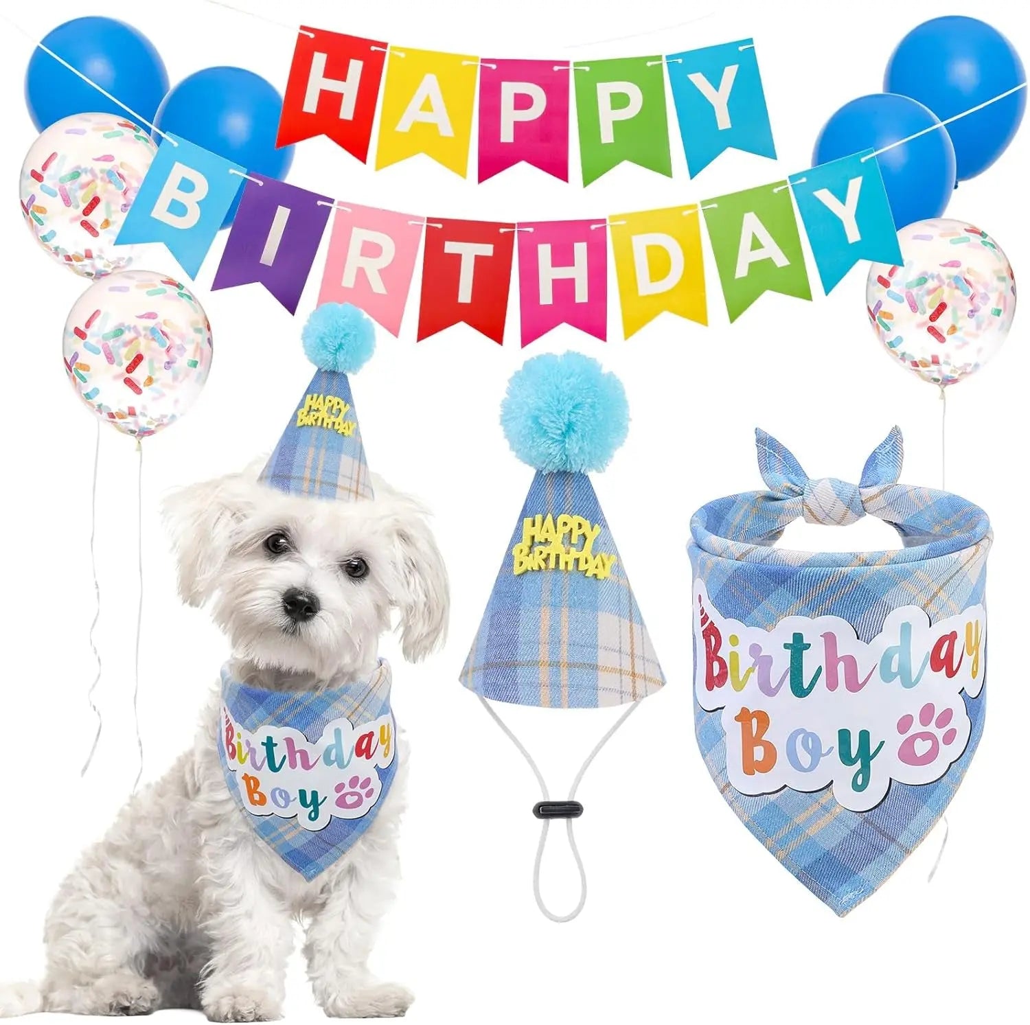 Birthday & Holiday Dog Costume Set with Tutu, Bandana & Hat, Holiday Outfit S–M