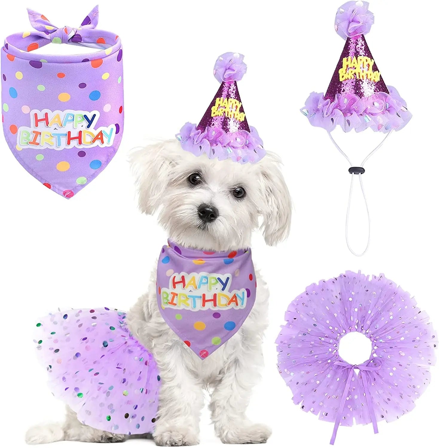 Birthday & Holiday Dog Costume Set with Tutu, Bandana & Hat, Holiday Outfit S–M