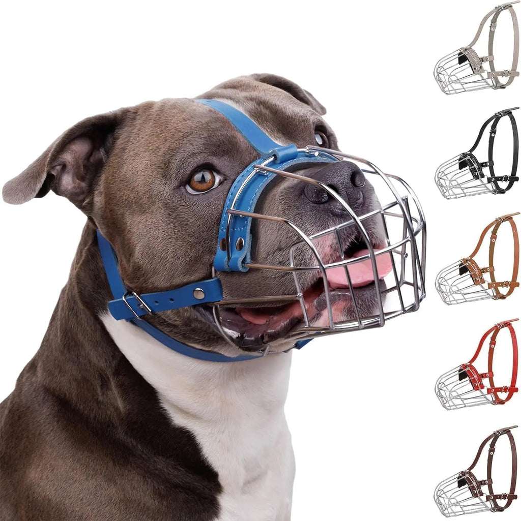 Breathable Metal Basket Dog Muzzle for Large Dogs with Leather Straps