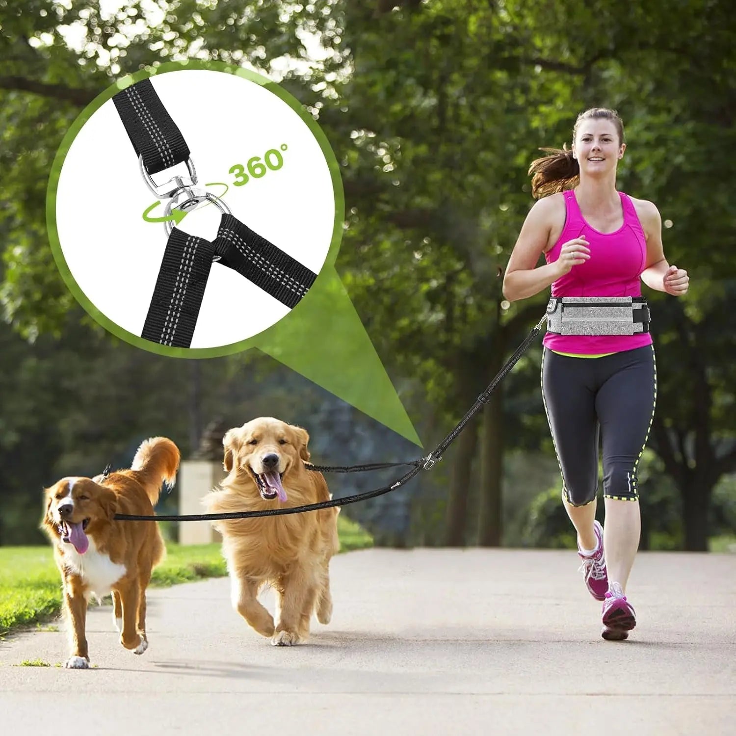 Hands Free Dog Leash Dual Bungee Adjustable Waist Belt Running Walking