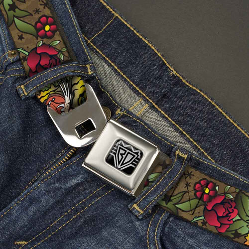 BD Wings Logo CLOSE-UP Full Color Black Silver Seatbelt Belt - Death Before Dishonor Olive Webbing