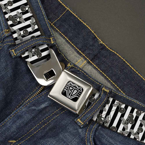 BD Wings Logo CLOSE-UP Full Color Black Silver Seatbelt Belt - Cherries Scattered/Vertical Stripe White/Black/Grays Webbing
