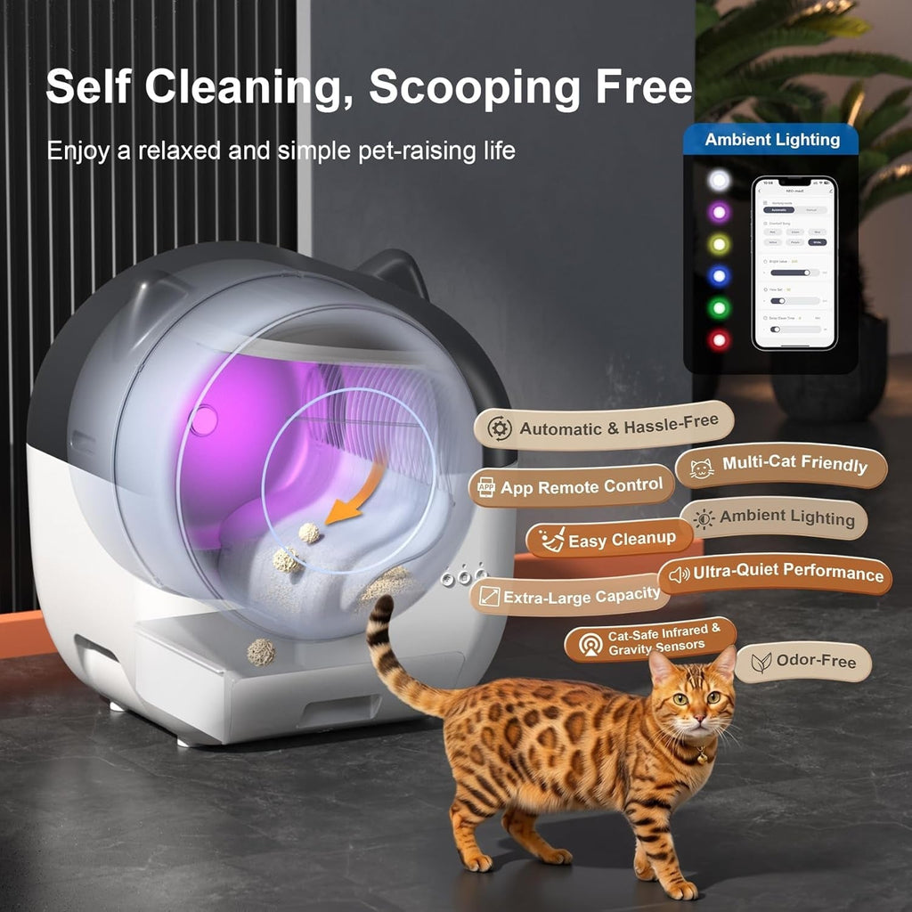 Self Cleaning Cat Litter Box 76L Smart App Control Quiet Multi-Cat